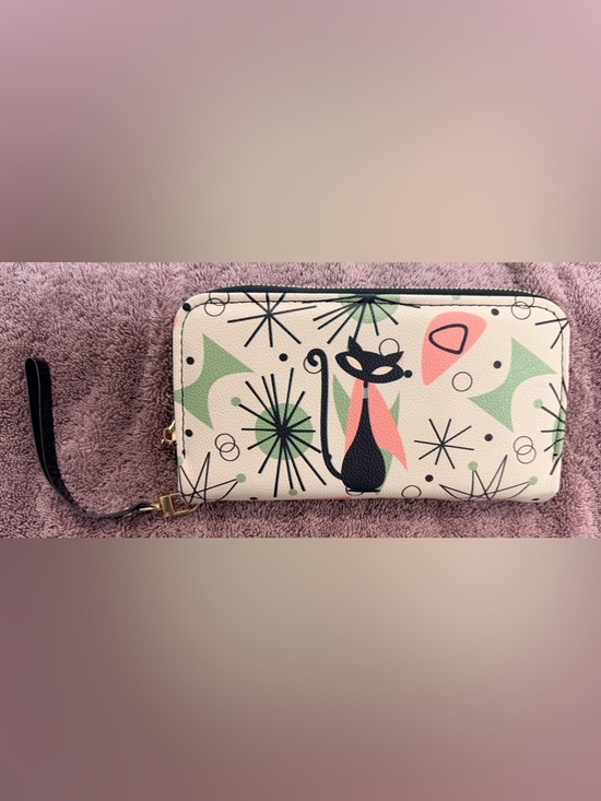 kate McEnroe Handbags - Kate McEnroe NY- Cat Print Wristlet Clutch in Cream, Black and Pastel Accents